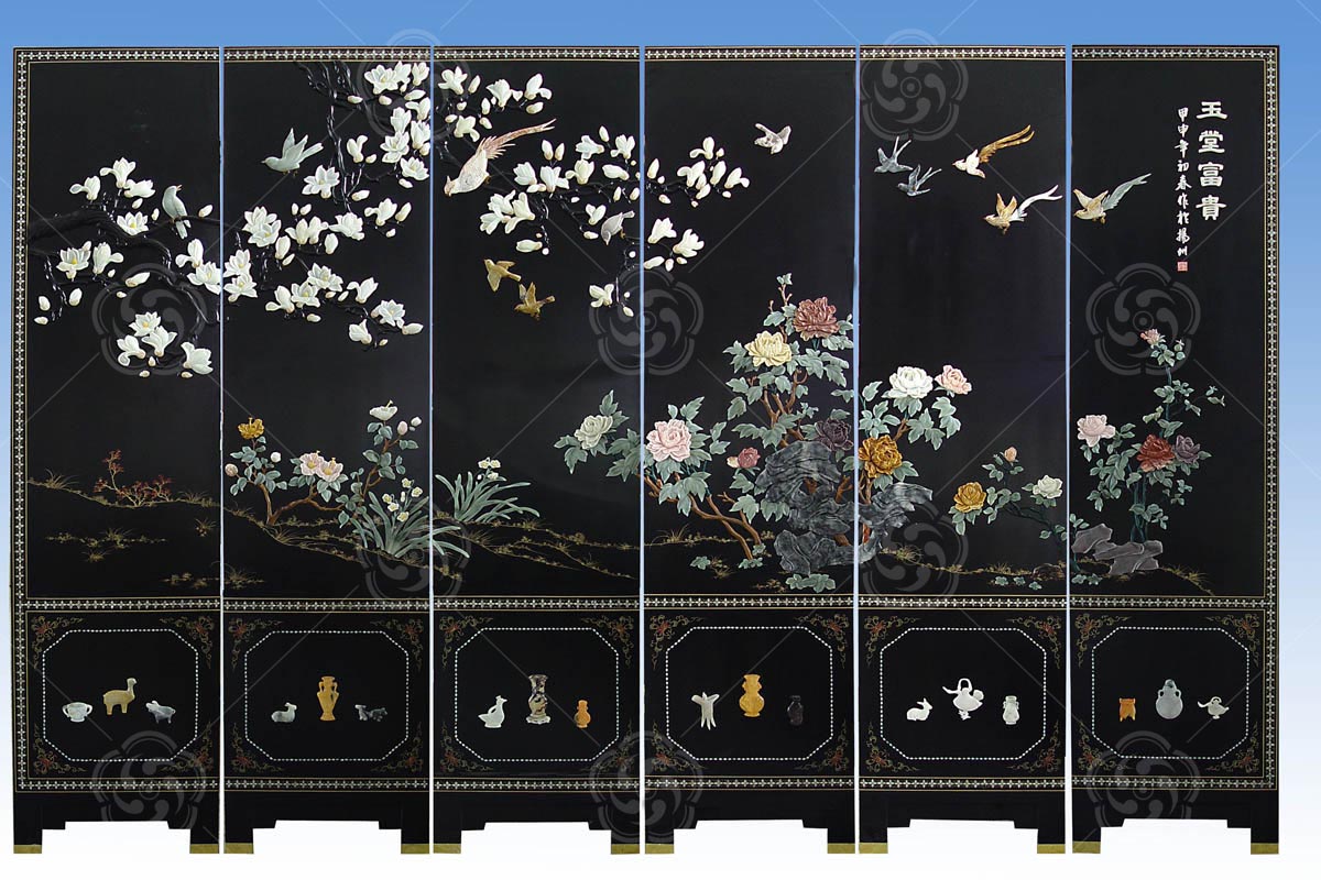 骨石镶嵌《玉堂富贵》屏风