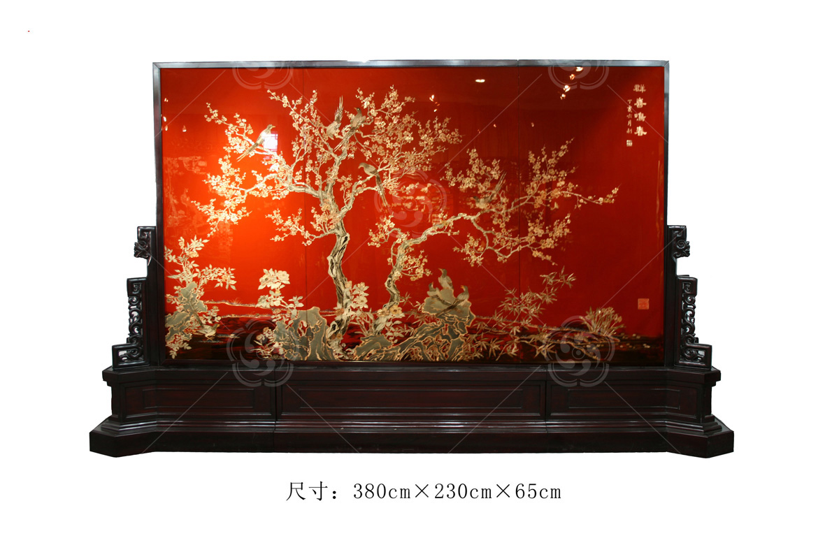 平磨螺钿《群喜鸣春》地屏