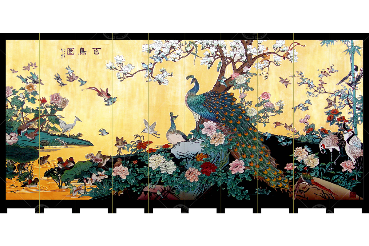 刻漆壁画《花鸟屏风》