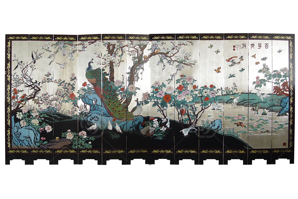 刻漆屏风《百花齐放》