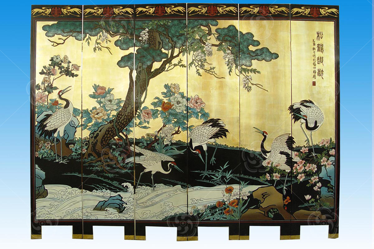 刻漆屏风《松鹤遐龄》