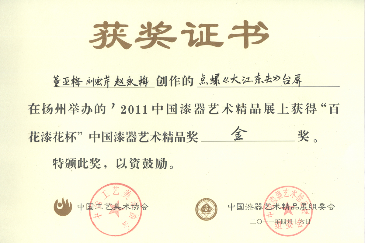 《大江东去》台屏百花漆花杯金奖